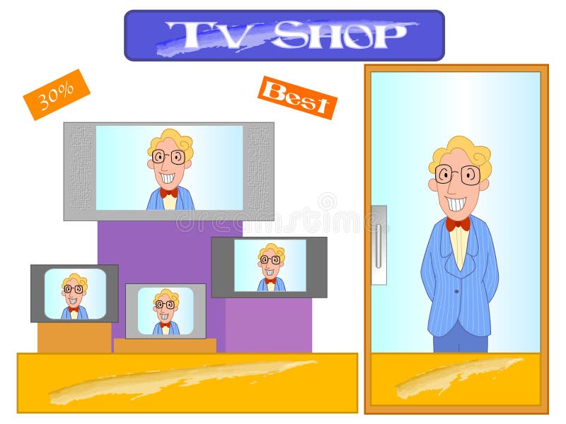 Vektorové ilustrace prodavač prodej televizorů v elektronickém obchodě, obklopen tv.