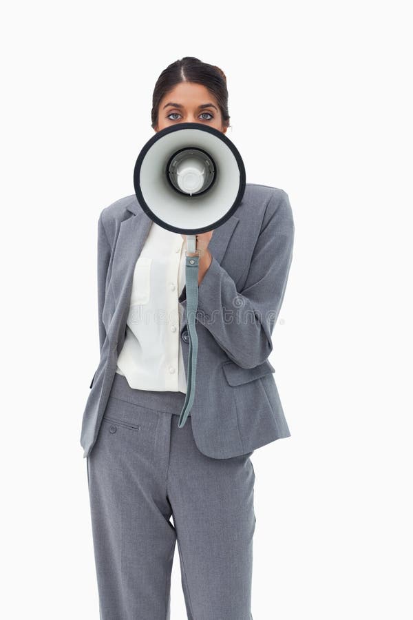 Saleswoman using megaphone against a white background