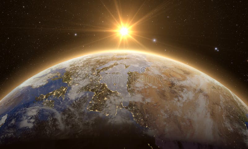 Salida del sol anaranjada sobre la tierra ilustración del vector Salida del sol anaranjada sobre la tierra ilustración del vector