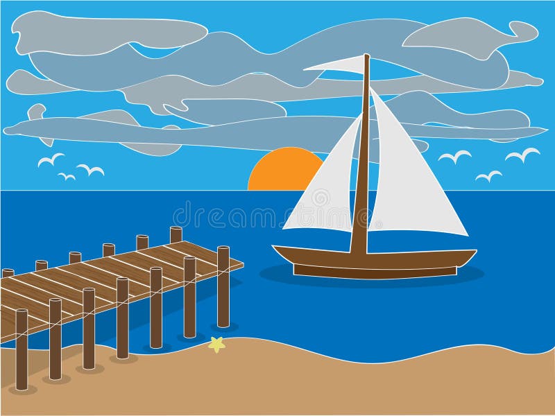 Salida Del Sol Cerca Del Muelle En La Playa Ilustración del Vector -  Ilustración de blanco, playa: 5171659