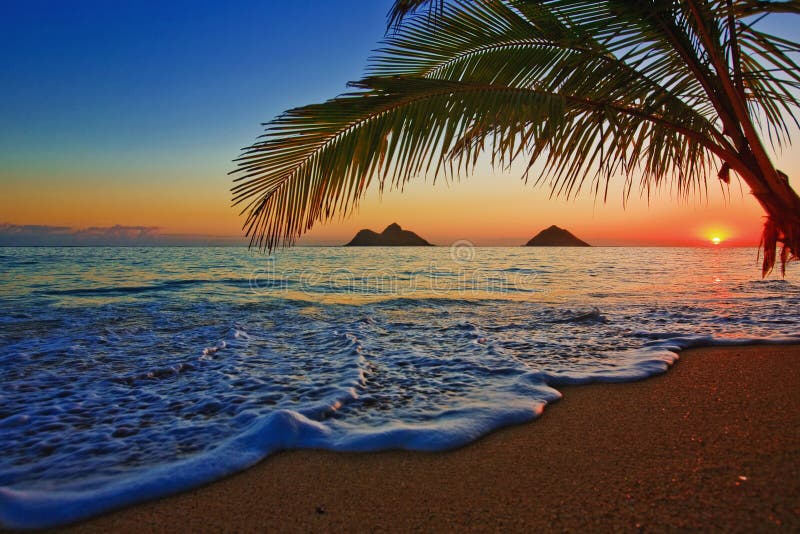 Salida del sol pacífica en la playa de Lanikai en Hawaii