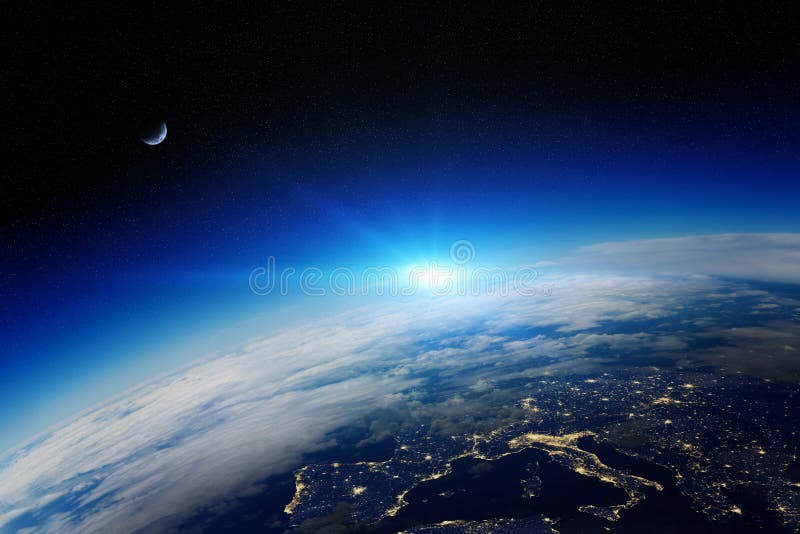 Salida del sol sobre la tierra del planeta en espacio stock de ilustración Salida del sol sobre la tierra del planeta en espacio stock de ilustración