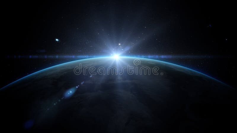 Salida del sol sobre la tierra según lo visto de espacio Con el fondo de las estrellas representación 3d