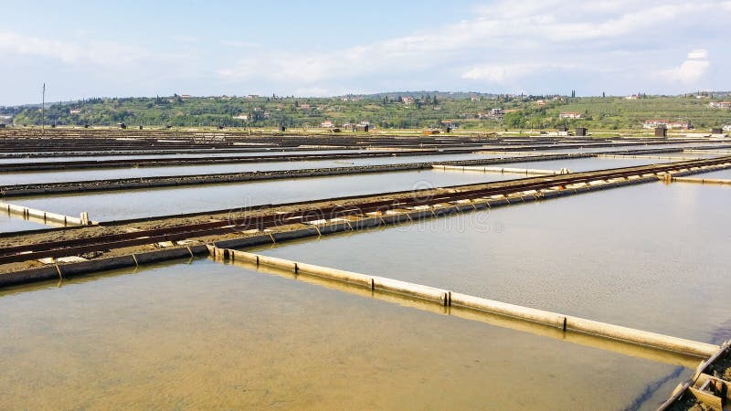 Traditional salinas in spring with many pools