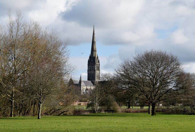 Salisbury domkyrka från vattenängar, Wiltshire, England royaltyfri bild Salisbury domkyrka från vattenängar, Wiltshire, England royaltyfri bild