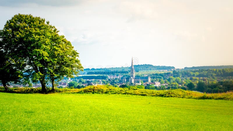 Cityscape of Salisbury with the cathedral from the Old Sarum in Salisbury, UK
