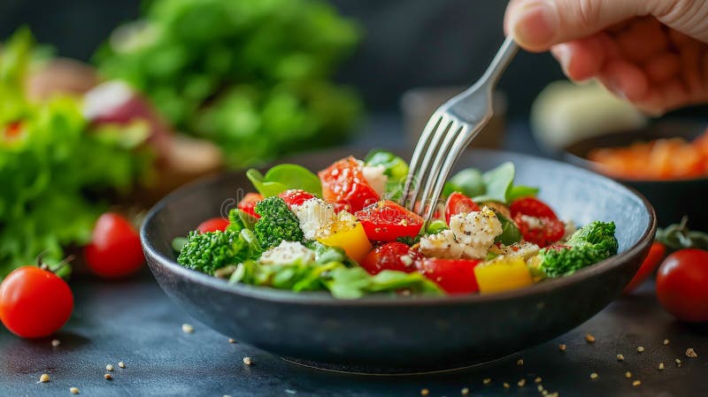 Sallad, färsk och färglös, som serveras i en skål med levande grönsaker och örter vid ett kallt middagsrum. En hand klipper elegant en fet ljus sallad från en skål fylld med färska grönsaker som tomater broccoli och spenat mot en mörk bakgrund. AI genererad