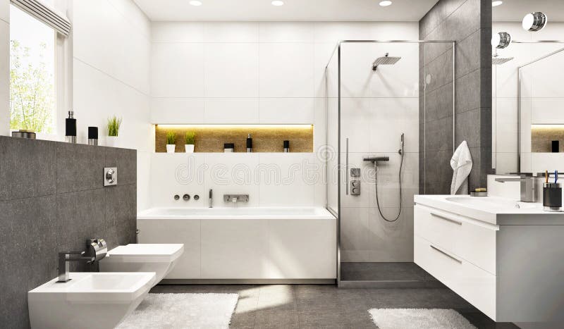 Modern white bathroom with bath, shower and window. Modern white bathroom with bath, shower and window