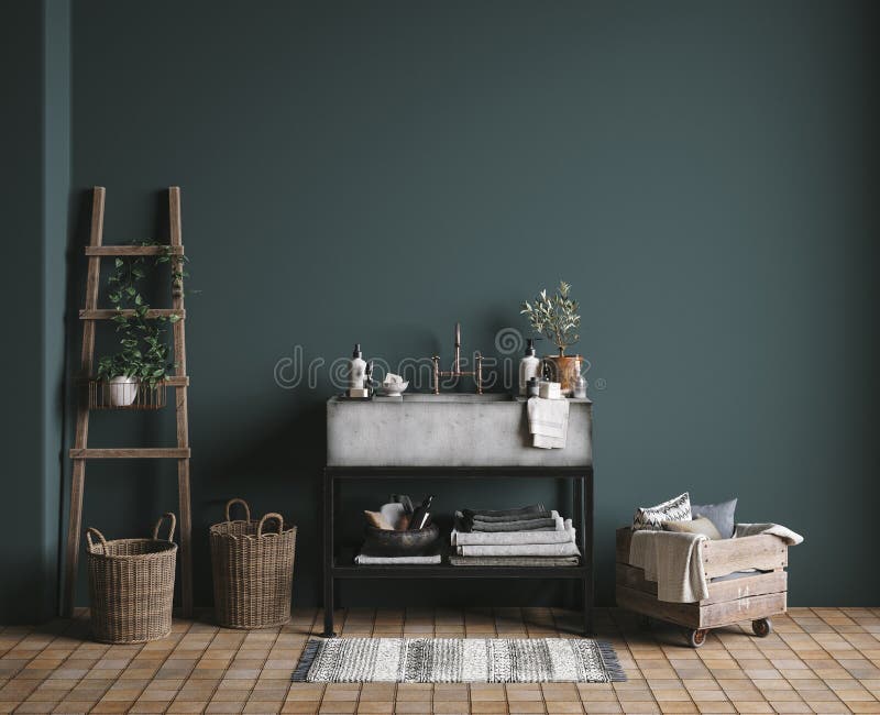 Salle de bains rustique vert foncé, manque de respect à l'égard de la paroi illustration libre de droits