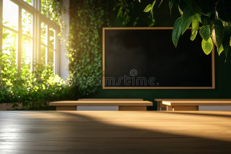 Salle de classe moderne vide avec bureaux en tableau noir et verdure. lumière du soleil atmosphère chaude amélioration de l'enviro illustration de vecteur