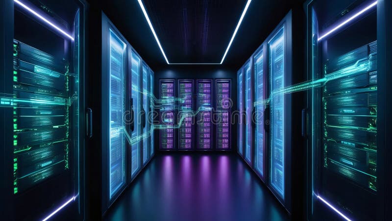 Salle de serveurs futuriste avec flux holographiques brillants ensemble dans un environnement lumineux néon foncé créer une ambian illustration de vecteur