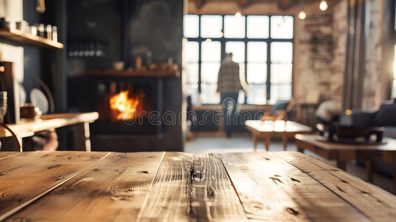 Generative AI : Living room interior in loft style with wooden table and burning fireplace at home Motion blurred person passing by business concept. Generative AI : Living room interior in loft style with wooden table and burning fireplace at home Motion blurred person passing by business concept.