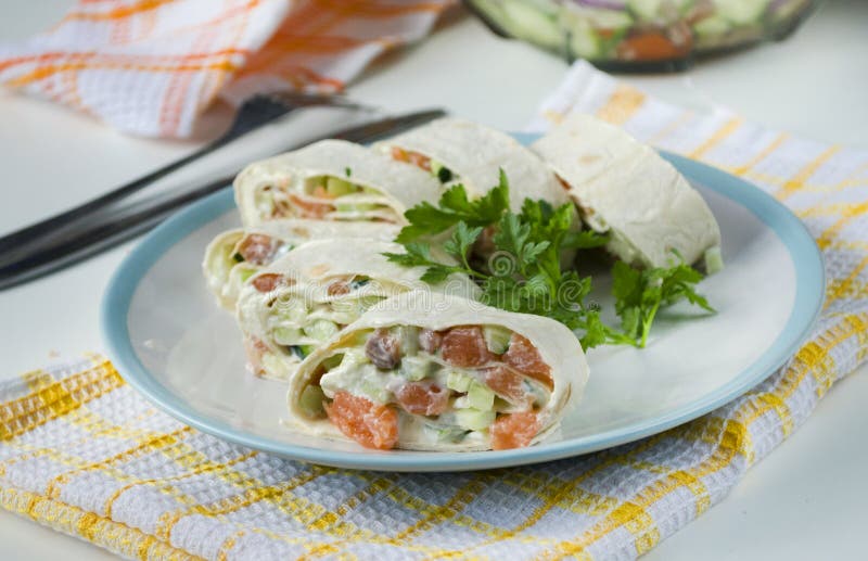Salmon, Avocado and Cream Cheese Roll in Lavash Stock Photo Image of