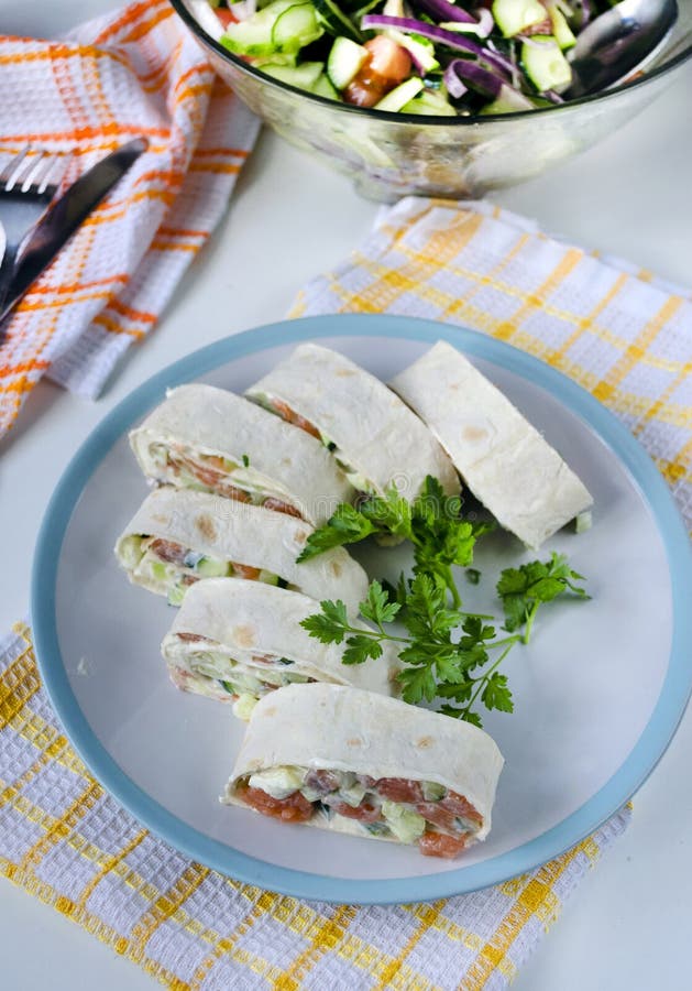 Salmon, Avocado and Cream Cheese Roll in Lavash Stock Photo Image of