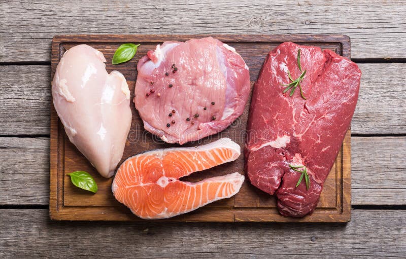 Salmon , Beef , Pork and Chicken Stock Photo Image of poultry