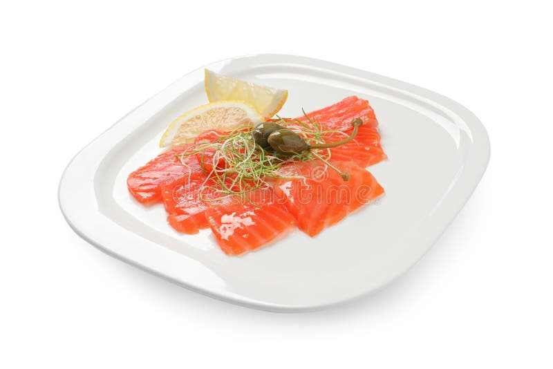 Salmon Carpaccio with Capers, Microgreens and Lemon Isolated on White