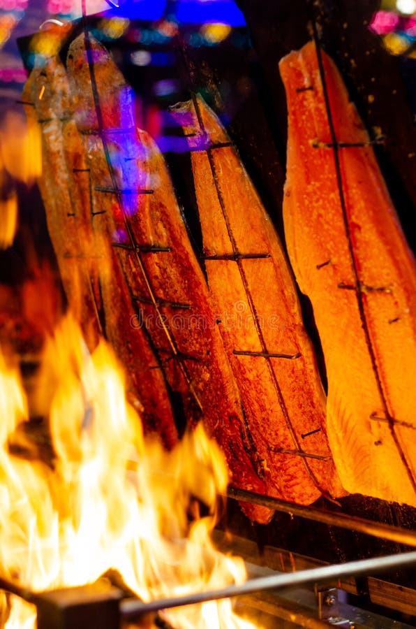 Salmon Cooking Over a Open Fire Stock Image Image of healthy, salmon