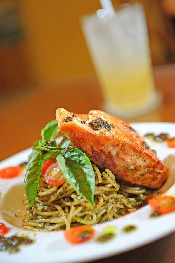 Salmon dinner with pasta