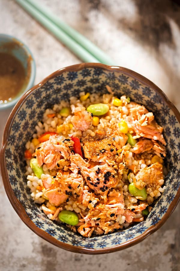 Salmon, Edamame, Brown Rice Meal Pot with Japanese Sesame Sauce Stock ...