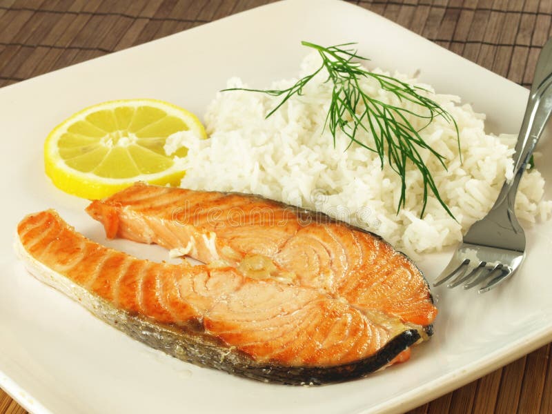 Salmon fillet with rice stock photo. Image of omega, fish 24129514