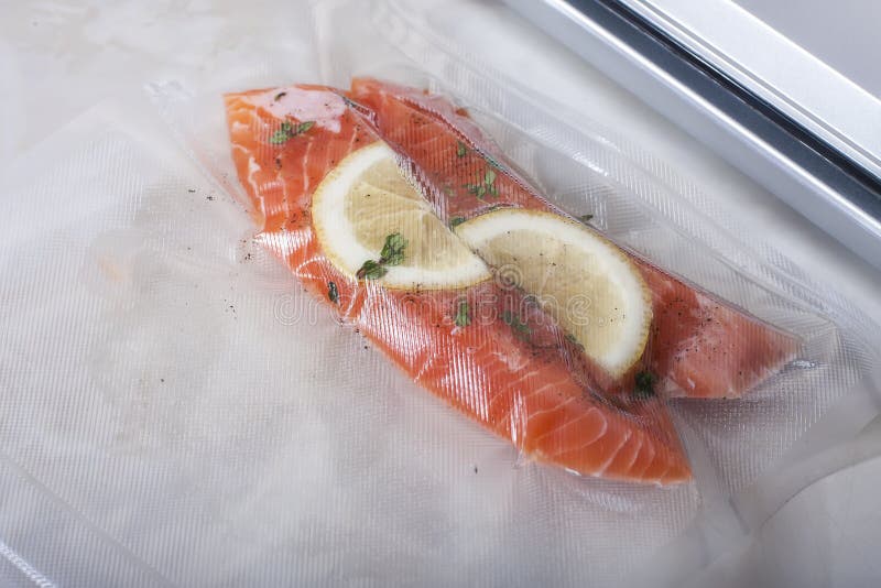 Salmon Fillets in a Vacuum Package. Sousvide, New Technology C Stock