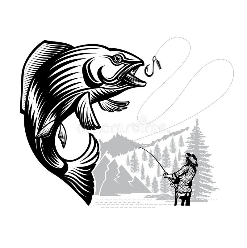 Salmon fish bend with fisher and landscape in engrving style. Logo for fishing, championship and sport club on white vector illustration Salmon fish bend with fisher and landscape in engrving style. Logo for fishing, championship and sport club on white vector illustration