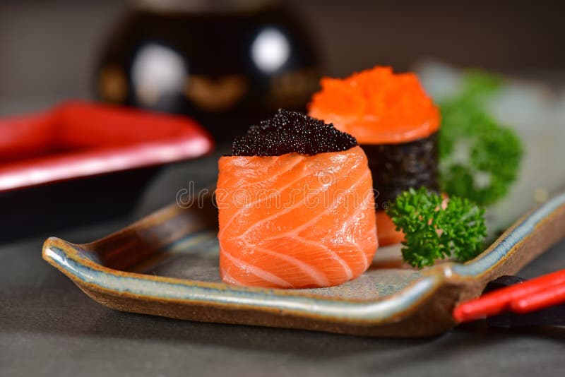 Salmon and Fish Eggs Wrapped Sushi Stock Photo Image of slices, fresh