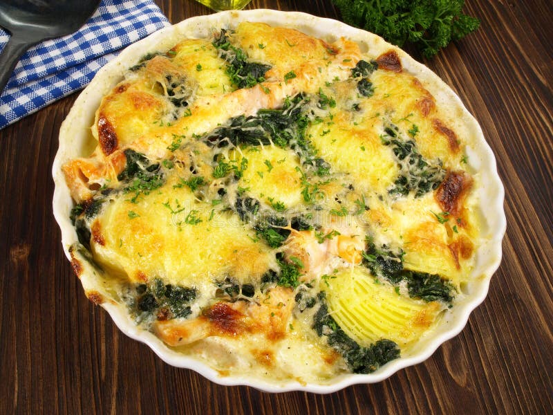 Salmon Fish Gratin with Potatoes and Spinach Stock Image Image of wild, white 210986973