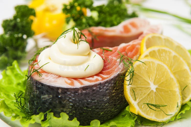 Salmon Fish with Lemon on Lettuce Stock Image - Image of barbecue ...