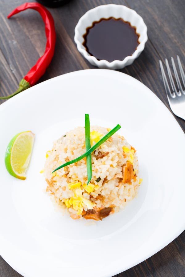 Salmon fried rice stock image. Image of scallion, delicious 36100357