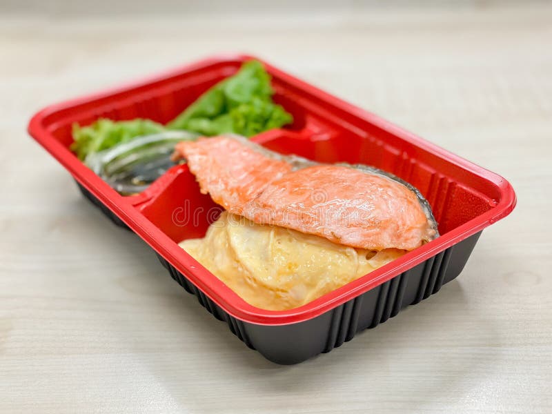 Salmon Grilled with Salad in the Food Container Stock Image - Image of ...