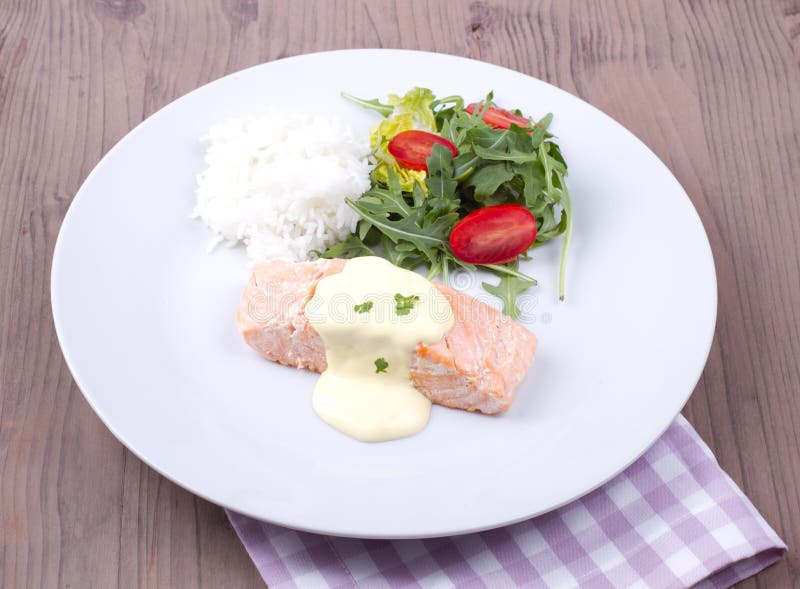 Salmon with Hollandaise Sauce and Rice Stock Photo Image of healthy