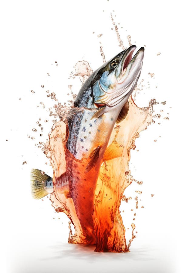 Salmon Jumping Up from Water. Generative AI Stock Illustration