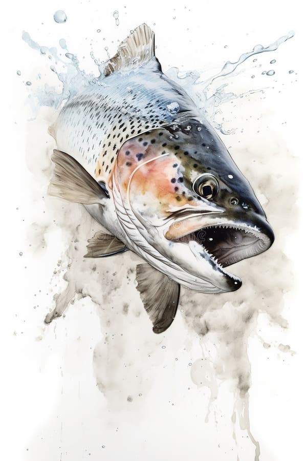 Salmon Jumping Up from Water. Generative AI Stock Illustration