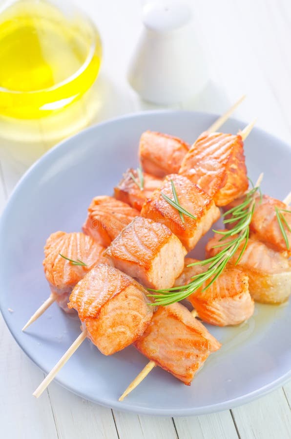 Salmon kebab stock photo. Image of decorated, plate, lunch 33984240