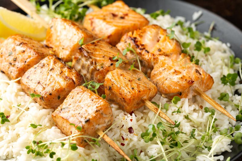Salmon Kebab on Skewers Served with Jasmine Rice and Lemon Wedge Stock Image Image of cook