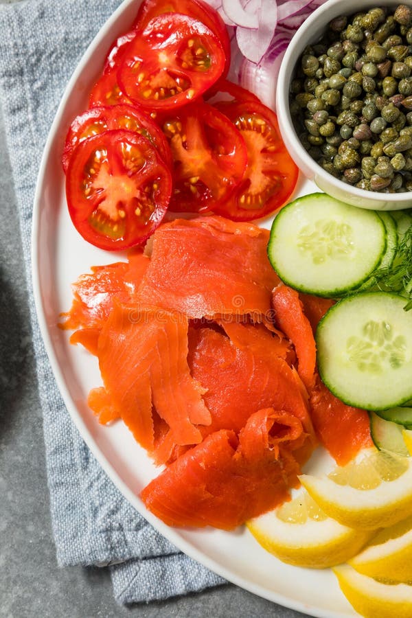 Salmon Lox Bagel Platter stock image. Image of tomato 323771447