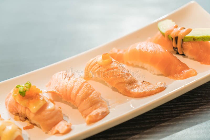 Salmon nigiri stock photo. Image of seafood, roll, cheese 89111544