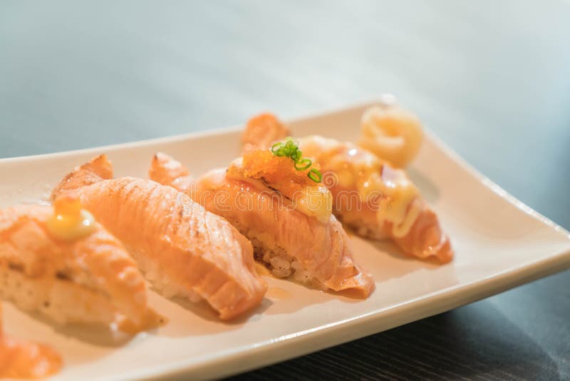 Salmon nigiri stock image. Image of food, black, salmon 89111589