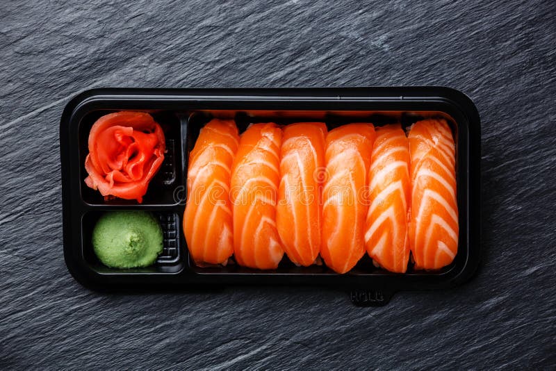 Salmon nigiri sushi in plastic box stock photo Salmon nigiri sushi in plastic box stock photo
