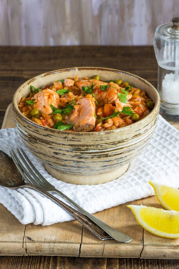 Salmon and orzo stew stock photography Salmon and orzo stew stock photography