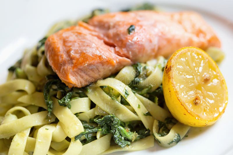Salmon with Pasta and Spinach Stock Photo Image of gastronomy, salmon