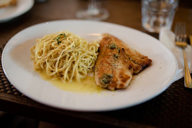 Salmon with pasta stock photo. Image of pasta, dish - 129253886