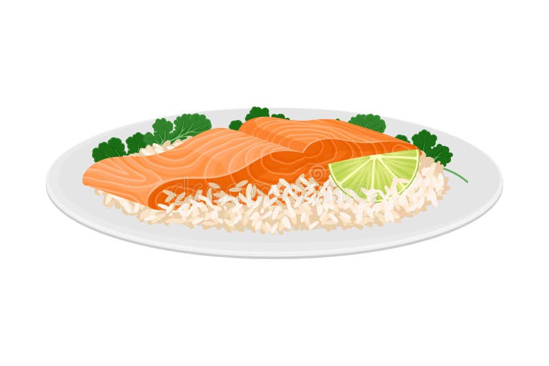 Salmon Piece with Rice and Sliced Lime Served on Plate Vector ...