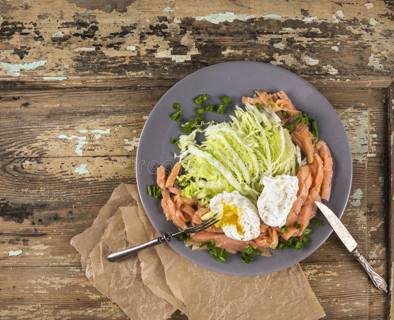 Salmon with Poached Eggs on Salad Stock Photo Image of cooked