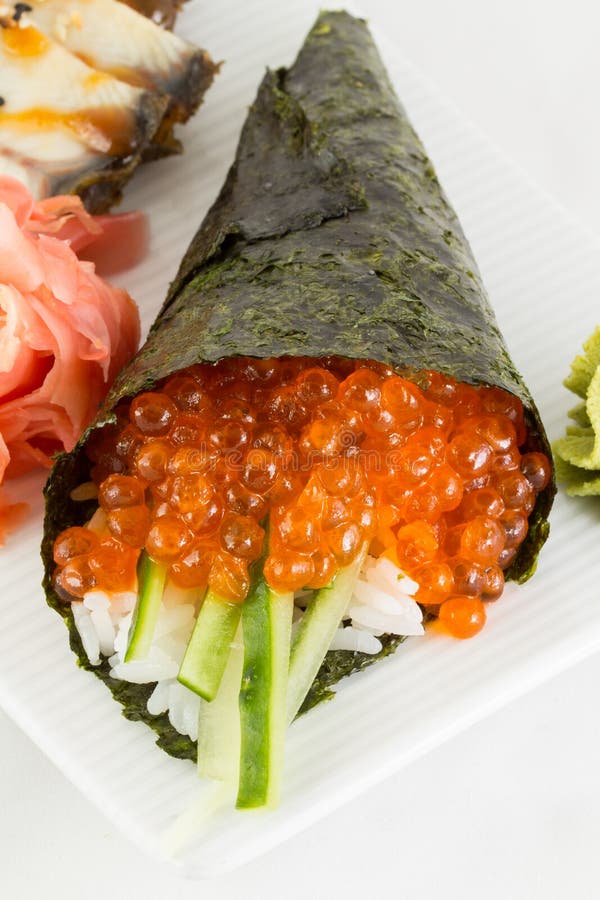 Salmon roe sushi temaki stock image. Image of oriental 34568531
