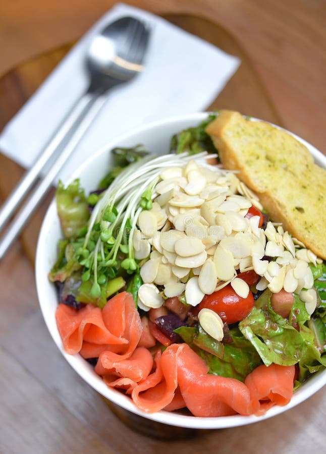 Salmon Salad Bowl stock image. Image of selective, lettuce 61076545