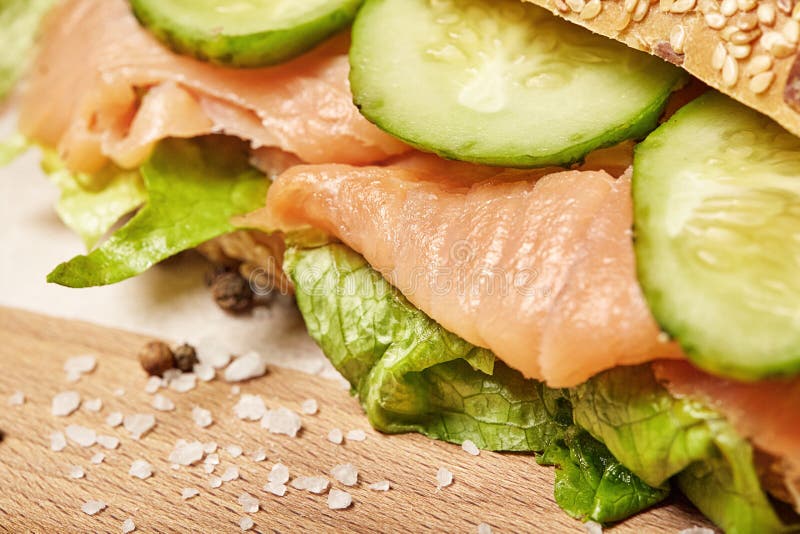 Salmon Sandwich with Fresh Vegetables. Stock Photo Image of gourmet