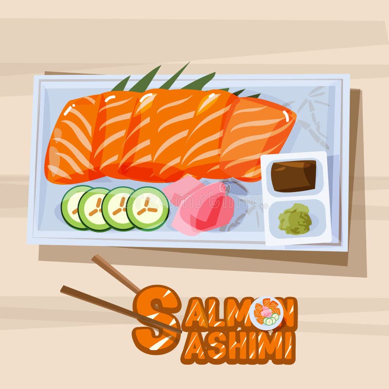 Salmon Sashimi in Plate with Sauce Stock Illustration Illustration