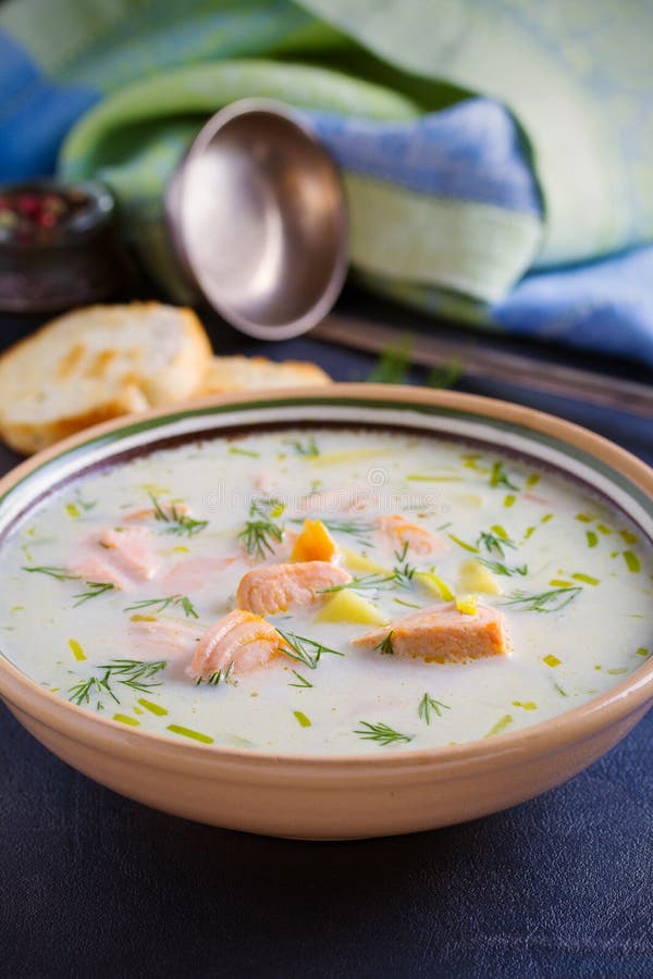 Salmon Soup. Creamy Salmon Fish Soup in Bowl Stock Photo - Image of ...